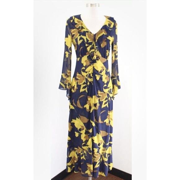 CAbi Midnight Dress Navy Blue Yellow Floral Mesh Ruffle Midi Maxi Size S 4242 CL - Picture 1 of 5